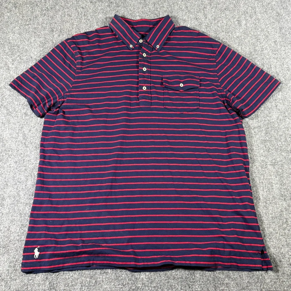 Polo‎ Ralph Lauren Mens XL Striped Short Sleeve Button Down Polo Shirt Navy Red